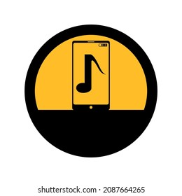 Smartphone and musical note, black and yellow colors, round sign for design on a white background, vector illustration