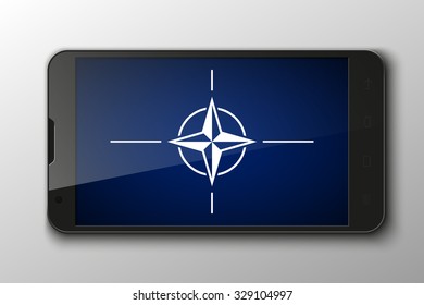 Smartphone NATO star flag, mobile phone Abstract flat design concept. North Atlantic alliance illustration yellow background. A military bloc of Western Europe and USA. Vector collection. 