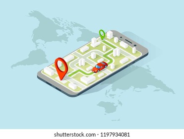 Smartphone navigation app isometric illustration. Car location tracker. City map navigator. Route planning. Geo tracking. Website, app, banner design. Online map search. Isolated vector