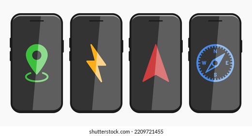 smartphone navigation charged icon screen set vector flat illustration