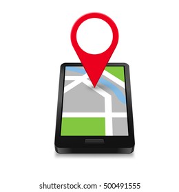 Smartphone Navigation Icon and Map with Red Marker