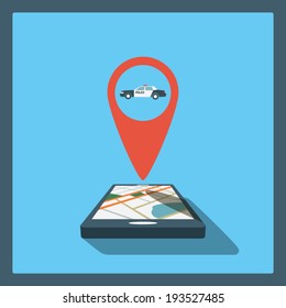 Smartphone navigation in modern flat design with a symbol of police car. Eps10 vector illustration.