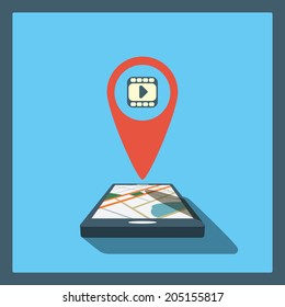 Smartphone navigation in modern flat design with a symbol of cinema. Eps10 vector illustration