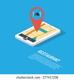 Smartphone navigation in modern flat design with a symbol of restaurant, food, dining. Eps10 vector illustration