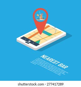Smartphone navigation in modern flat design with a symbol of drinking, pub, club, bar. Eps10 vector illustration