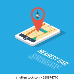 Smartphone navigation in modern flat design with a symbol of drinking, pub, club, bar. Eps10 vector illustration