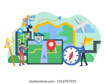 smartphone with navigation on screen, compass, people with binocular that searching for the destination flat illustration can be used for iu