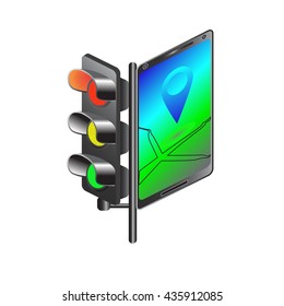 Smartphone with navigation at the traffic light icon on a white background, vector