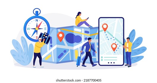 Smartphone with Navigator App Showing Route, Geolocation, Point Location on Map. GPS Navigation. People Planning Tour, Searching Route, Choosing Travel Destination. Compass, Electronic Map with Geotag