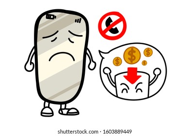 Smartphone needs more money refill to use internet and calling. Concept hand draw line art of cell phone and coins to top up. Vector illustrator with layers.