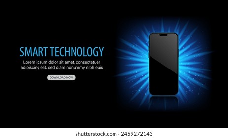 Smartphone with Neon Light Effect Banner. Vector Illustration of Smart Mobile Phone Mockup with Blank Touchscreen. Discover Modern Communication Technology and Smart App Vector.