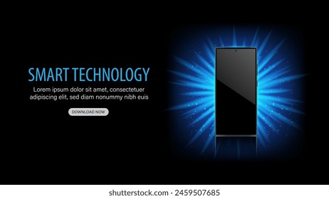 Smartphone with Neon Light Effect Banner. Vector Illustration of Smart Mobile Phone Mockup with Blank Touchscreen. Discover Modern Communication Technology and Smart App Vector.