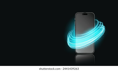 Smartphone with neon light glow effect. Mockup of mobile phone with black screen and neon blue circles in motion, swirling trail effect, and Luminous rings with sparkling details. Vector.