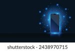 Smartphone with neon small round dots background. Small circle light surrounds cell phone. Abstract digital device interface technology. High tech concept with mobile phone. Vector.