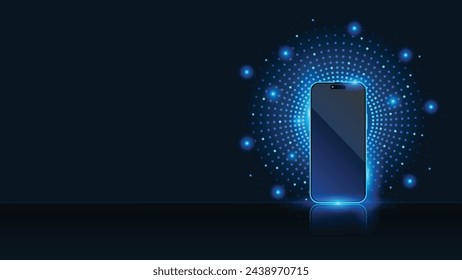 Smartphone con fondo de puntos redondos pequeños de neón. Pequeño círculo de luz rodea el teléfono móvil. Tecnología de interfaz de dispositivo digital abstracto. Concepto de alta tecnología con teléfono móvil. Vector.