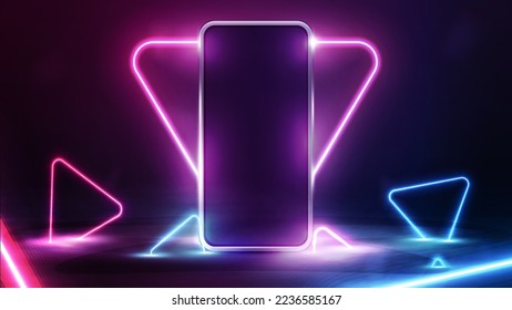 Smartphone with neon triangle frame on background and blue and pink neon triangles on dark scene