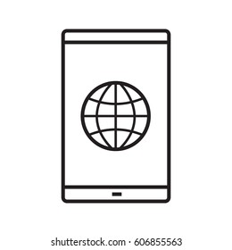 Smartphone network connection linear icon. Thin line illustration. Smart phone with globe model contour symbol. Vector isolated outline drawing