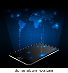 Smartphone with network connection and world map Elements of this image furnished by NASA