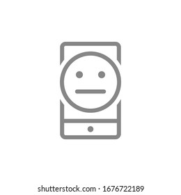 Smartphone with neutral face line icon. Client unsatisfaction, not happy customer symbol