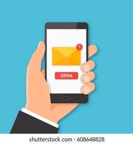 Smartphone with new message concept. Hand holding smartphone with email symbol on the screen. Vector illustration.