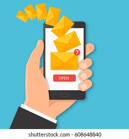 Smartphone with new message concept. Hand holding smartphone with email symbol on the screen. Vector illustration.
