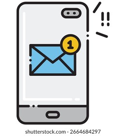 Smartphone con el icono Nuevo de la notificación del mensaje, sobre azul y