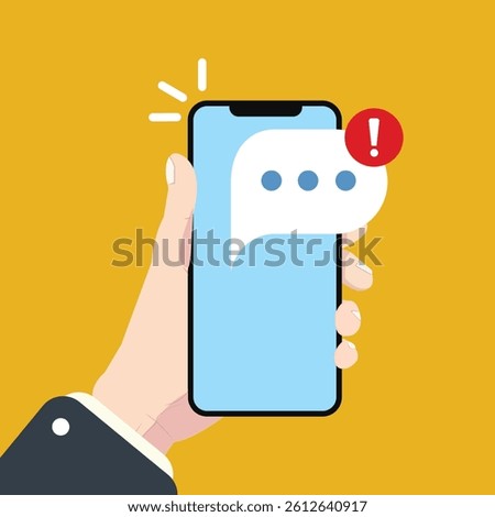 Smartphone with new notice. vector illustration. Hand holds phone with notifications icon. 