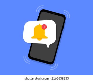 Smartphone with new notification. Notification bell on the phone screen. Mobile notice on message. Bell for alert, reminder and push chat alert. Vector illustration.