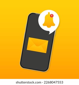 Smartphone with new notification. Notification ring and letter on the phone screen. Mobile message notification. Call for warning, reminder and chat notification. Vector illustration