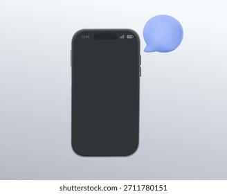 Smartphone mit neuer SMS in Sprachblase auf weißem Hintergrund 3D-Vektorgrafik. Social Media und Messaging-Apps, Benachrichtigung. Leeranzeige für Mobiltelefongeräte