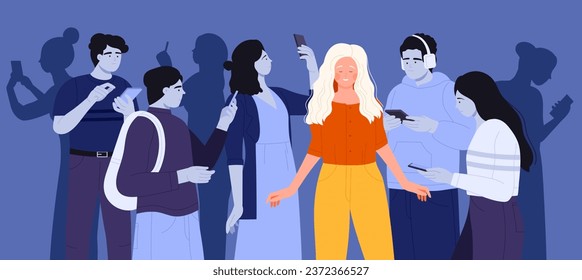 Smartphone news addiction vector illustration. Cartoon happy woman standing among crowd of many sad addicted people with anxiety and overload of bad news, unhappy characters surfing social media