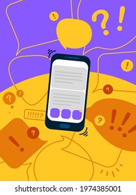 Smartphone News update, flat vector concept with speech bubbles isolated on bright  contrast yellow and violet background. Urgent news, information overload, messaging, alerts and communication.