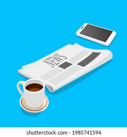 Smartphone, newspaper and coffee cup. Coffee break concept illustration.