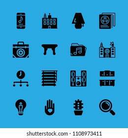smartphone, newspaper, first aid kit, loupe, building, table, heart on the palm, building and cactus vector icon. Simple icons set