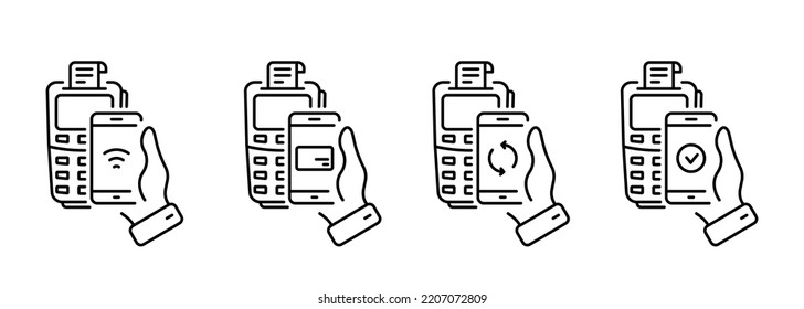 Smartphone NFC Technology Bank POS Processing Line Icon. Process Of Payment On Terminal Pictogram Set. Check Cashless Payment Transaction Outline Icon. Editable Stroke. Isolated Vector Illustration.