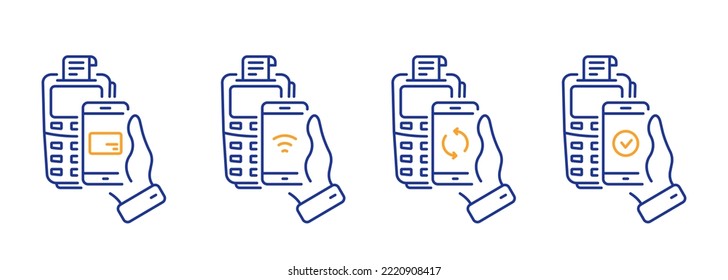 Smartphone NFC Technology Bank POS Processing Line Icon. Process Of Payment On Terminal Pictogram Set. Check Cashless Payment Transaction Outline Icon. Editable Stroke. Isolated Vector Illustration.