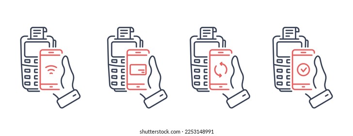 Smartphone NFC Technology Bank POS Processing Line Icon. Process of Payment on Terminal Pictogram Set. Check Cashless Payment Transaction Outline Icon. Editable Stroke. Isolated Vector Illustration.