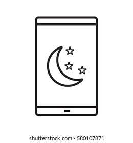 Icono lineal del modo nocturno de Smartphone. Ilustración de línea delgada. Teléfono inteligente con símbolo de contorno de luna y estrellas. Dibujo de contorno aislado del vector