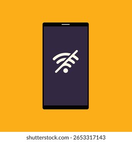Smartphone sem ícone de sinal WiFi. Smartphone minimalista com símbolo WiFi riscado exibido na tela, representando sem conexão com a Internet ou modo offline