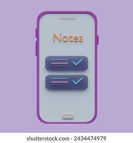 Concepto de smartphone y nota. Estilo de dibujos animados de objeto 3D realista.