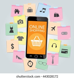 Smartphone with Note paper and basket online shopping icons, ecommerce concept, vector illustration