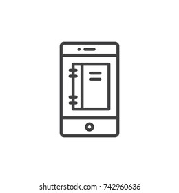 Smartphone with notepad on display line icon, outline vector sign, linear style pictogram isolated on white. Mobile phone organizer function symbol, logo illustration. Editable stroke