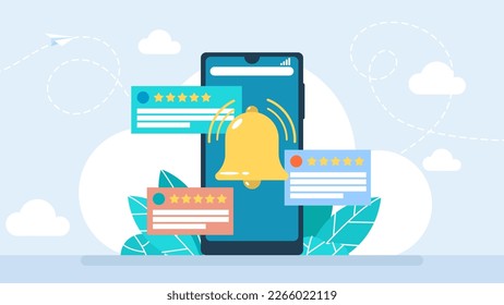 Smartphone with notification. Alarm clock reminder message on screen. New email message on the phone. Alert message. Notification concept of new message or notice. Unread email. Vector illustration