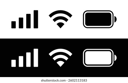 Smartphone notification bar wifi signal battery user interface icons. Black white icon set of phone ui vector illustration