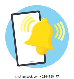 Smartphone with notification bell 1 on a green circle background. mobile notification concept. Flat design style illustration.
