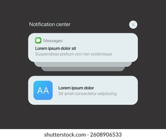 Smartphone notification center template, displaying alerts and new message on screen