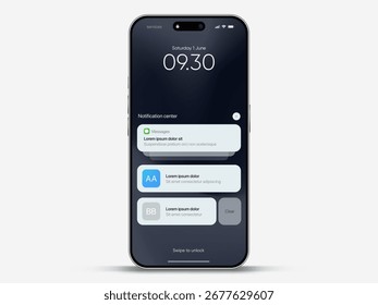 Smartphone notification center template, displaying alerts and new message on screen