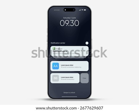 Smartphone notification center template, displaying alerts and new message on screen