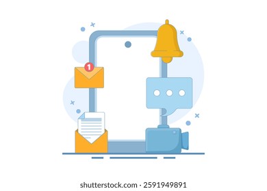 smartphone notification concept with notification message, email bell, chat, video call, utility mobile app, reminder app, get notification on smartphone, flat style vector illustration.
