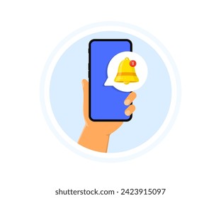 Smartphone with notification. Hand holds phone with notification. Alert message on smartphone screen. Notification concept of new message or other notice. Smartphone with bell icon